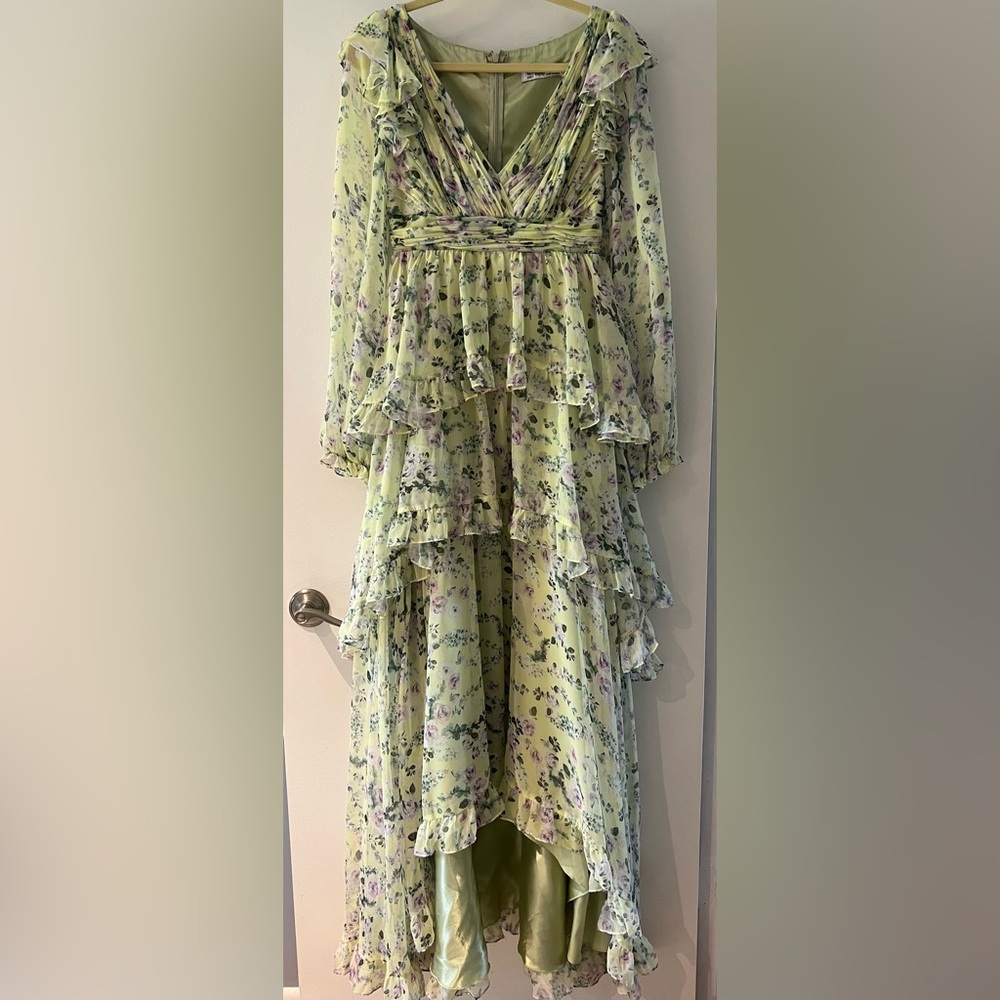 Mac Duggal Tiered A Line Long Sleeve Chiffon Gown Green Floral Maxi Sz 4 - Picture 4 of 15
